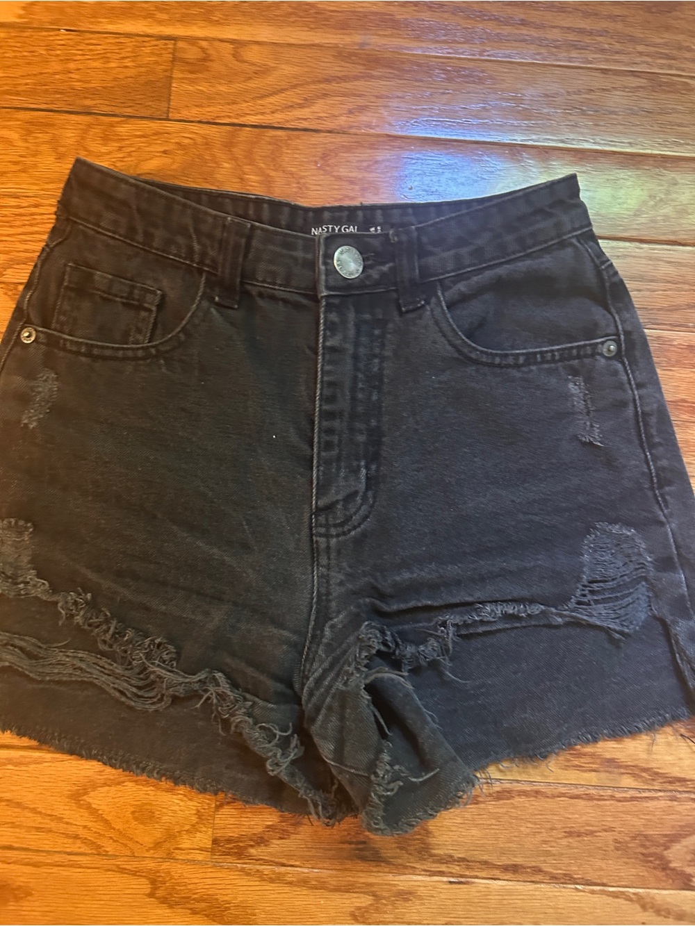 Nasty Gal Washed Black Distressed High-Rise Denim Shorts